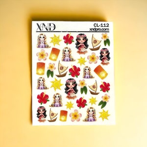 May include: A sheet of stickers featuring cartoon illustrations of a princess, a woman with a flower crown, a boat, a lantern, a sun, and flowers. The stickers have the text "XND PRODUCTS" and "CL-112 xndpro.com".