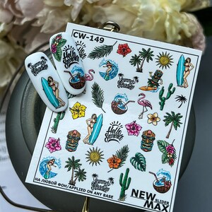 Adesivo de unha 2D/ Unhas de verão/ Tropical/ Unhas de férias/ Surf/ Pop Art/ Adesivos de unha tipo toboágua/ Nail Art/ Adesivos de água/ Adesivos de unha