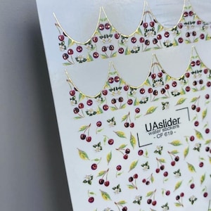 Nagelvattendekaler Guldfolie / Körsbärsfransk spets / Röda körsbärsblommor / Sommar / Frukt Nagelvattentransfers