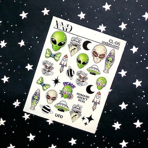 Nail Decal / UFO/ Green Little Man/ Alien/ Space/ Planets/ Nail Waterslide Decals / Nail Stickers / Water Decals
