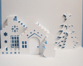 DIY Pop-up Christmas Card Snowy Cottage Template | SVG & PDF digital download | 3D paper cutting