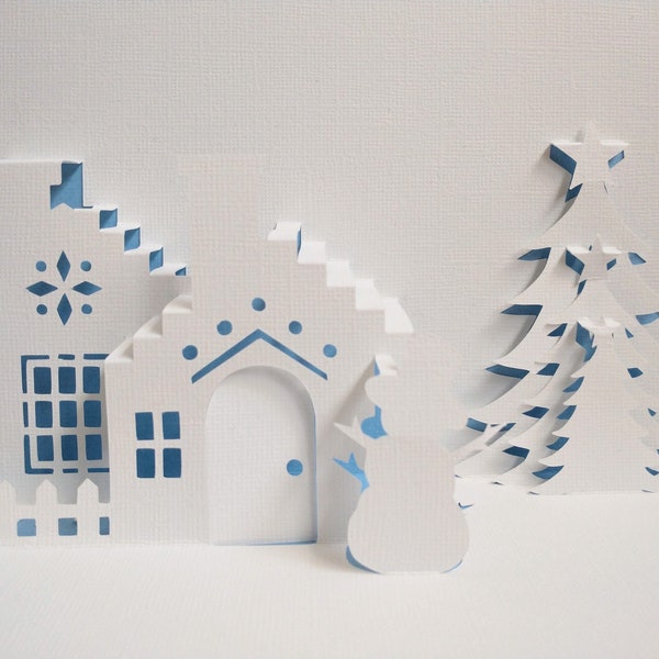 DIY Pop-up Christmas Card Snowy Cottage Template | SVG & PDF digital download | 3D paper cutting