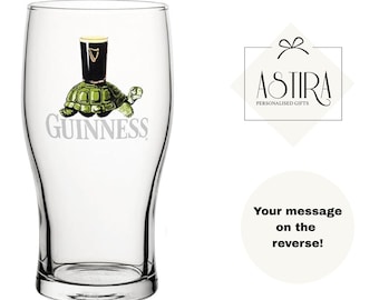 Personalised Guinness Pint Glass – Custom Engraved with Tortoise Design – Gift Boxed Beer Glass – Unique Irish Pub Lover Gift