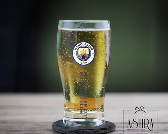 Personalised Official Engraved Manchester City Glass Gift Boxed - 20oz Tulip Pint or Beer Mug - Football Fan Gift / MOST TEAMS AVAILABLE