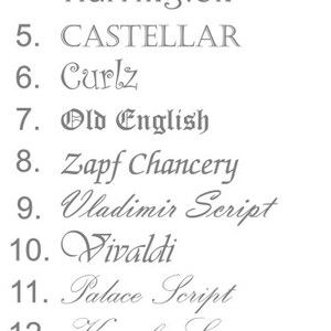 May include: A list of 15 different font styles in a light gray color, displayed vertically on a white background. The fonts include Edwardian Script, French Script, Times New Roman, Harrington, CASTELLAR, Curlz, Old English, Zapf Chancery, Vladimir Script, Vivaldi, Palace Script, Kunstler Script, Brasilia-Delight, Cooper Black, and Playball-Regular.
