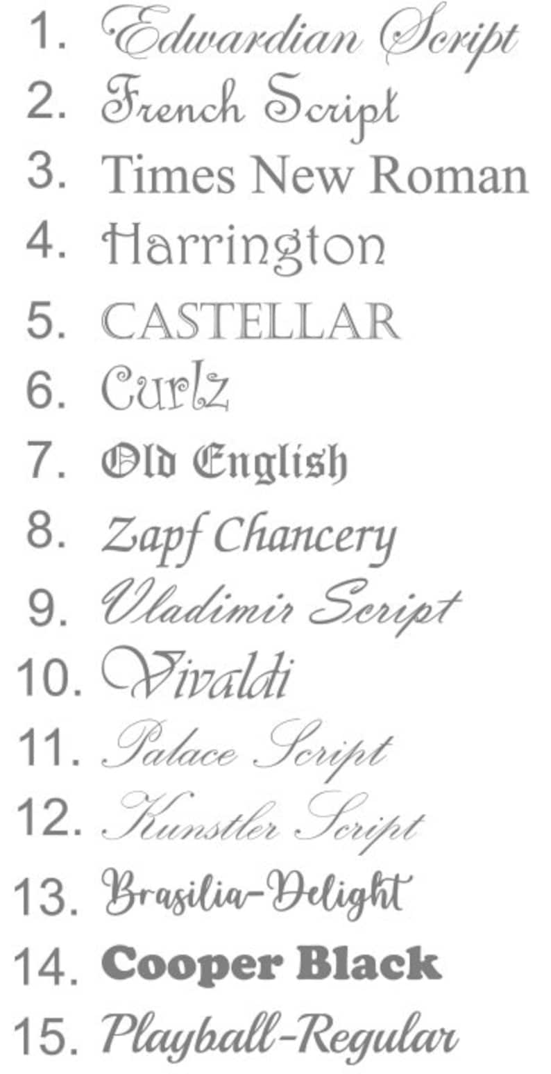 May include: A list of 15 different font styles in a light gray color, displayed vertically on a white background. The fonts include Edwardian Script, French Script, Times New Roman, Harrington, CASTELLAR, Curlz, Old English, Zapf Chancery, Vladimir Script, Vivaldi, Palace Script, Kunstler Script, Brasilia-Delight, Cooper Black, and Playball-Regular.