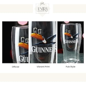 May include: Three clear pint glasses featuring the Guinness logo and a toucan design. The glasses are labelled "Official", "Vibrant Print", and "Pub Style". The toucan is black with an orange beak and is in flight.