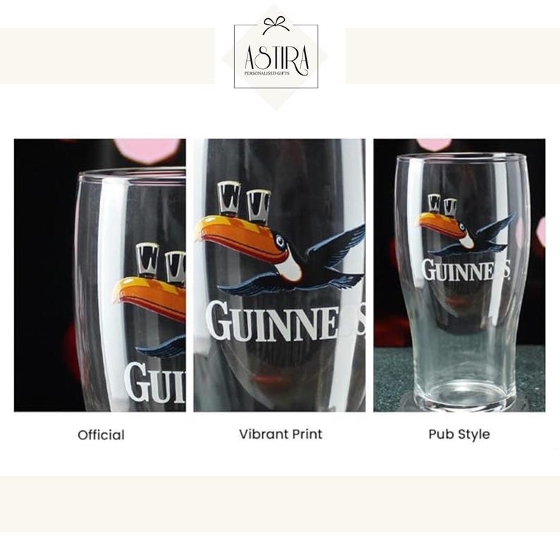 May include: Three clear pint glasses featuring the Guinness logo and a toucan design. The glasses are labelled "Official", "Vibrant Print", and "Pub Style". The toucan is black with an orange beak and is in flight.