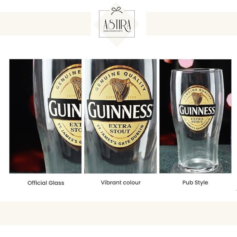 May include: Three clear pint glasses with the Guinness logo. The logo features a gold harp and the Guinness name in white. Text below the logo reads "Extra Stout" and "St. James's Gate Dublin". The glasses are labeled "Official Glass", "Vibrant colour", and "Pub Style".
