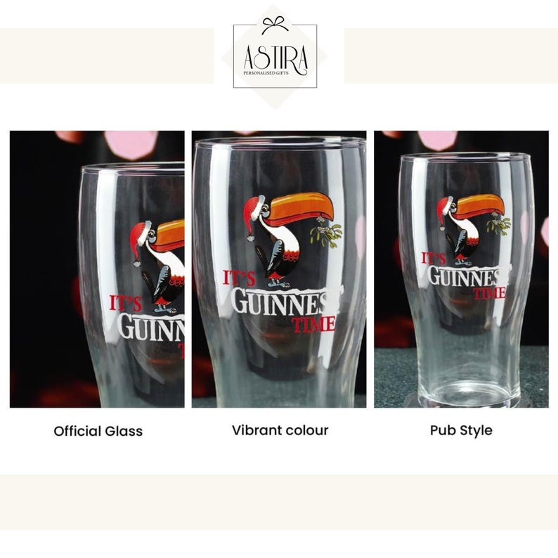 May include: Clear pint glasses with a toucan design wearing a Santa hat, the words "It's Guinness Time" are printed on the glass. The glasses are displayed with the text "Official Glass", "Vibrant colour", and "Pub Style".