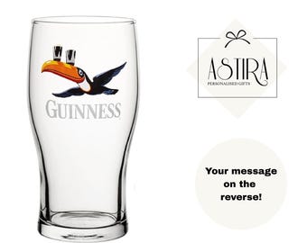 Personalised Guinness Pint Glass – Custom Engraved with Flying Toucan Design – Gift Boxed Beer Glass – Unique Irish Pub Lover Gift