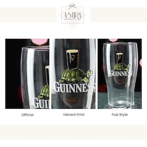 May include: Clear pint glasses with a Guinness logo featuring a turtle carrying a pint of stout. The glasses are labeled "Official", "Vibrant Print", and "Pub Style". The logo is black, white, and green.