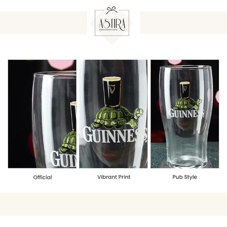 May include: Clear pint glasses with a Guinness logo featuring a turtle carrying a pint of stout. The glasses are labeled "Official", "Vibrant Print", and "Pub Style". The logo is black, white, and green.