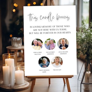 May include: A white memorial sign on a wooden easel with the text "This candle burns" and "In loving memory". Includes photos of loved ones: Gene & Irene Malcolm, Sue & Robert Anderson, Uncle Richard Anderson, Great Grandma Marie, and Trevor Hunt.