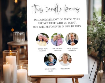 Könnte beinhalten: Ein weißes Gedenkschild auf einer Holzstaffelei. Der Text "This candle burns" und "In loving memory" ist zu sehen. Es enthält Fotos von Gene & Irene Malcolm, Sue & Robert Anderson, Uncle Richard Anderson, Great Grandma Marie und Trevor Hunt.