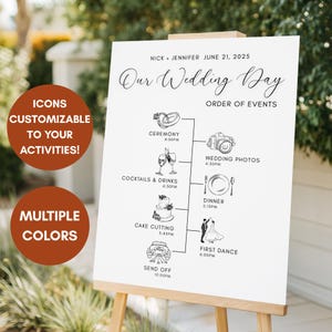 私たちの結婚式の日のタイムライン、結婚式の日のイベントスケジュールサイン、イベントの順序、入り口の結婚式のサイン、青い結婚式のタイムラインサイン