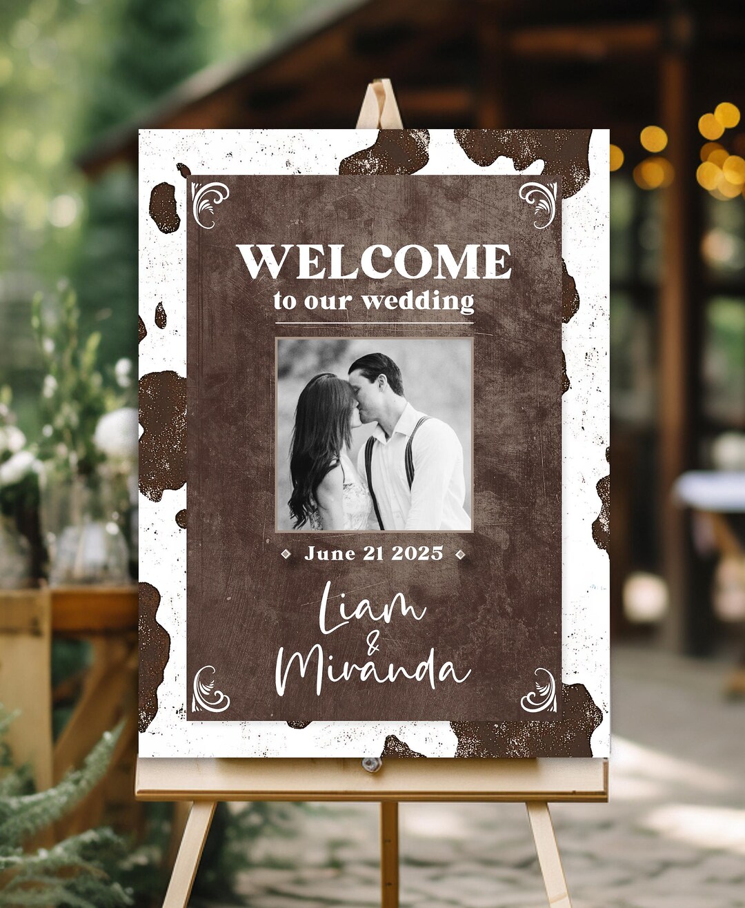 Cowhide Wedding Sign With Photo Cowprint Western Wedding Welcome Sign ...