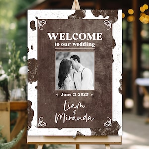 Cowhide Wedding Sign with Photo Cowprint Western Wedding Welcome Sign Country Wedding Decor Cowhide Decor Welcome Sign Photo Rustic Wedding