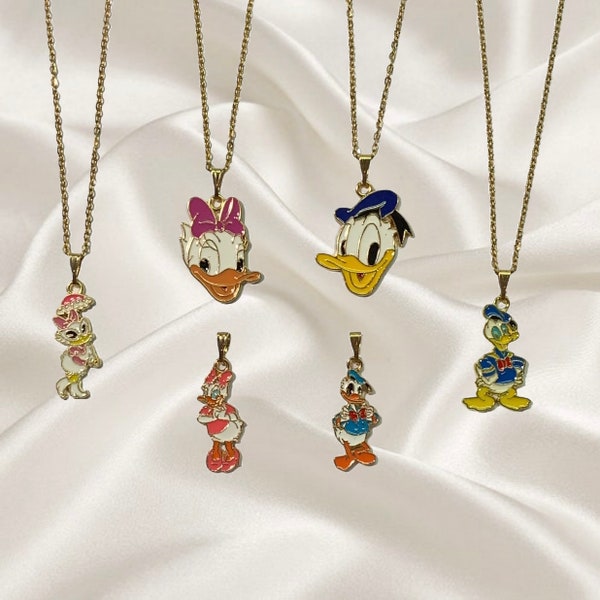 Donald Duck Daisy Duck Enamel Pendant Necklace, Cartoons Jewellery, Perfect Birthday Gift, Dainty Jewelry, Gold Chain, Disney Accessories
