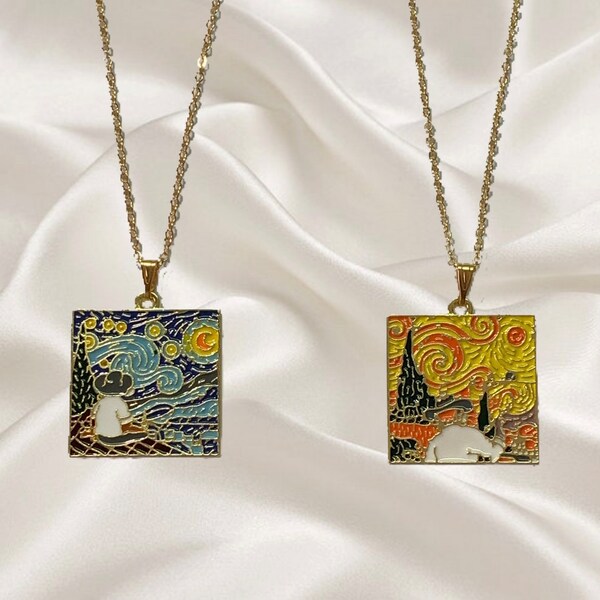 Van Gogh Paintings Pendant Necklace, The Starry Night, Dainty Charm Jewelry, Perfect Gift for Her and Him, Gold Chain, Dark Blue, Yellow