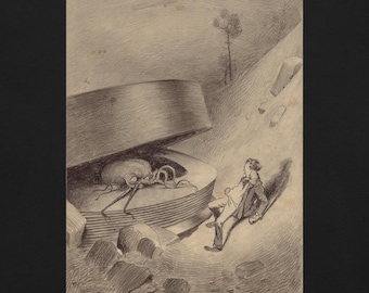 May include: A monochrome illustration shows a man in a suit looking at a large, open, circular object. A creature with tentacles is inside. The scene is set on a hillside with rocks and a tree in the background.