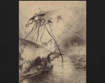 May include: A sepia-toned illustration shows a Martian tripod war machine attacking a military vehicle in a river. The scene is filled with smoke and the chaos of battle, with figures of soldiers and other tripods in the background.