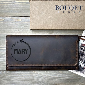 Personalized Pilot Wallet, Leather Women Wallet, Engraved Wallet For Pilot, Unique Gift For Pilot, Pilot Mom Gift, Pilot Christmas Gift