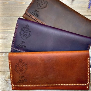 Engraved Leather Wallet, Leo Wallet, Leo, Astrology Gift, Unique Gift For Leo, Leo Mom Gift, Personalized Leo Gift, Leather Women Wallet