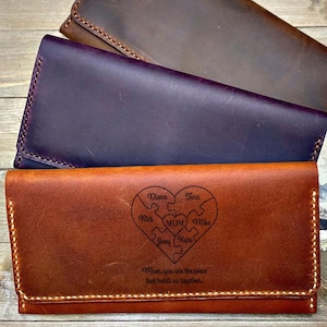 Cartera de mujer grabada, cartera de cuero hecha a mano para mujer, regalo del día de la madre, cartera delgada auténtica personalizada para mujer, regalo de cartera personalizado