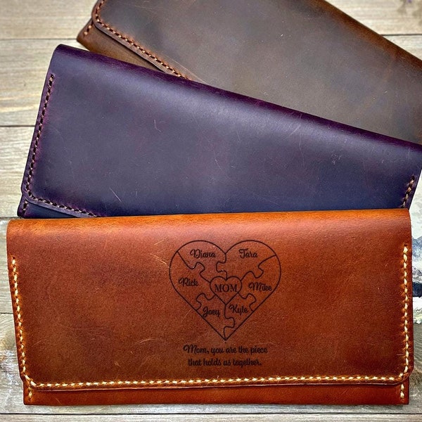 Portefeuille gravé pour femme, Portefeuille en cuir fait main pour femme, Cadeau pour la fête des Mères, Portefeuille mince authentique personnalisé pour femme, Cadeau portefeuille personnalisé