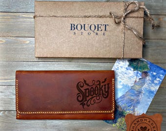 Spooky Engraved Women Wallet, Personalized Women Wallet, Halloween Wallet, Leather Wallet For Women, Halloween Gift for Women