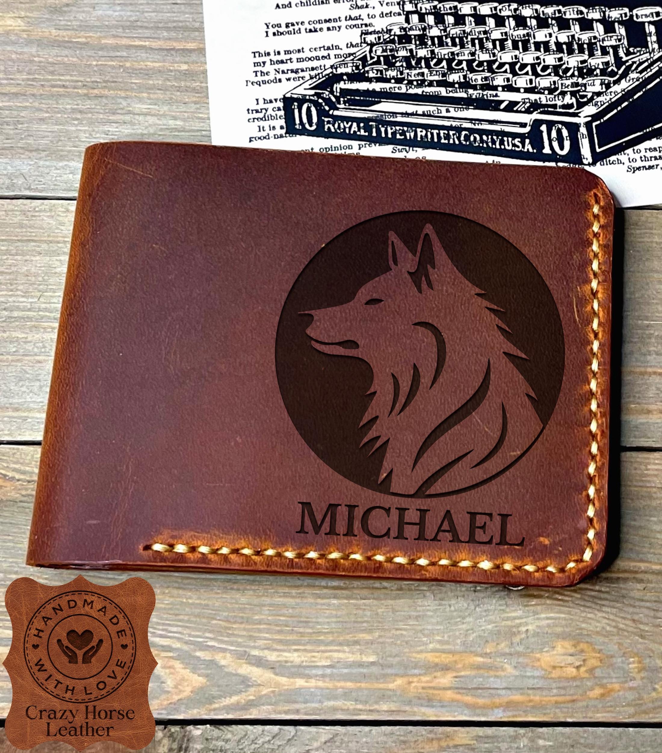 Wild Wolf Wallet, Personalized Men Wallet, Engraved Name Wallet, Leather Men Wallet, Father Wallet, Gifts for Dad, Gift for Grandfather