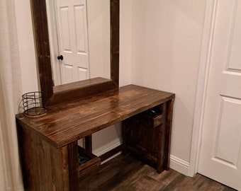 Gorgeous Farmhouse style Vanity Solid wood handcrafted. 4ft wide almost 6ft in height from bottom to top of mirror. FREE SHIPPING