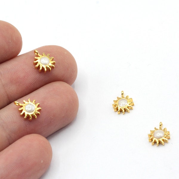 7x9mm 24k Shiny Gold Plated White Enamel Mini Sun Charm, Tiny Sun Charm, Bracelet Charm, Celestial Charm, Gold Plated Findings, GD711