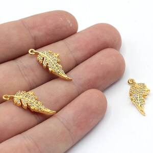 9x23mm 24k Shiny Gold Plated Leaf Charm, Pave Leaf Charm, Zirconia Charm, Hoop Charms, Zirconia Charm, Gold Plated Findings, GD783