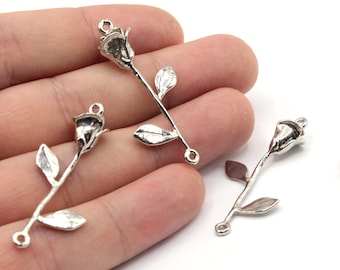 Rodiumpläterad roskopplingsberlock, 19 x 38 mm blommahänge, silverroslänk för halsband, armband, gör-det-själv-smyckestillverkningsmaterial