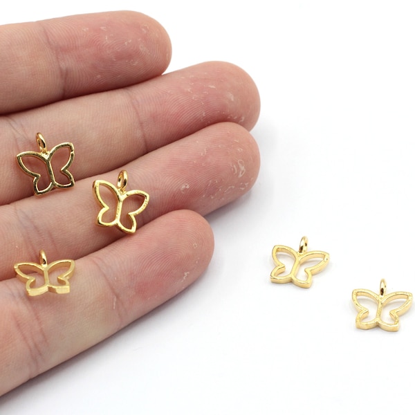 11mm 24k Shiny Gold Plated Tiny Butterfly Charm, Butterfly Bracelet Charm, Gold Butterfly Beads, Flying Charms, Gold Plated Findings, GD783