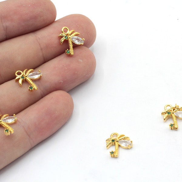 10x12mm 24k Shiny Gold Plated Palm Tree Charm, CZ Micro Pave Palm Tree Charm, Zİrconia Charms, Palm Tree Bracelet, Gold Plated Findings