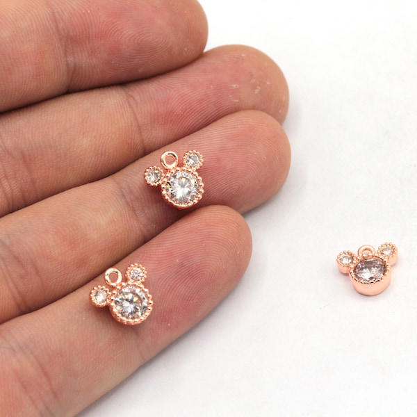 9mm Rose Gold Plated Mini Mickey Mouse Charm, CZ Micro Pave Mickey Mouse Charm, Rose Zirconia Charms, Rose Plated Findings, ZC478