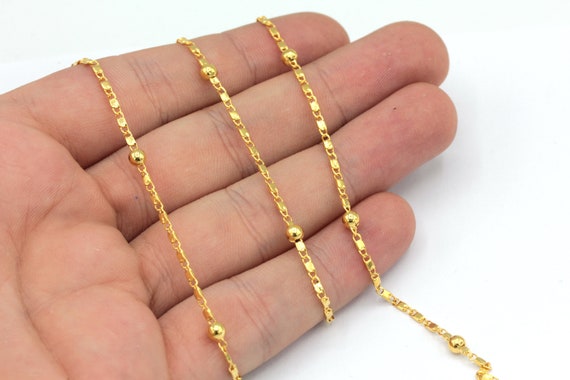 2mm 24k Shiny Gold Plated Cable Chain, Tiny Ball Bar Chain, Choker