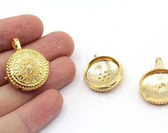 24x29mm 24k Shiny Gold Plated Pave Round Locket Charm, Puff Round Locket Charm, Locket Pendant, Photo Frame Charm, Gold Plated Findings
