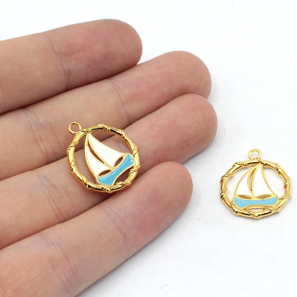 20 x 22 mm 24k 光沢のある金メッキエナメル船チャーム、ゴールドボートチャーム、セーラーボートペンダント、セイルボートチャーム、エナメルチャーム、金メッキ金具