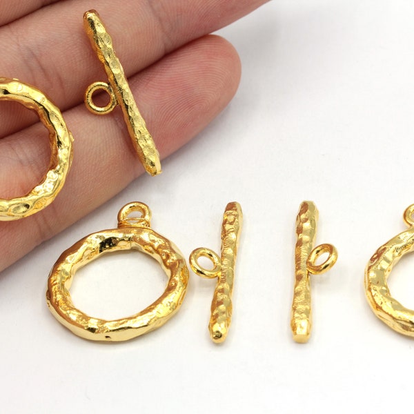 22x26mm 24k Shiny Gold Toggle Clasps, Hammered Toggle Clasp, Gold Toggle Clasp, Ring T bar, T bar Fasteners, Gold Plated Findings, GD859