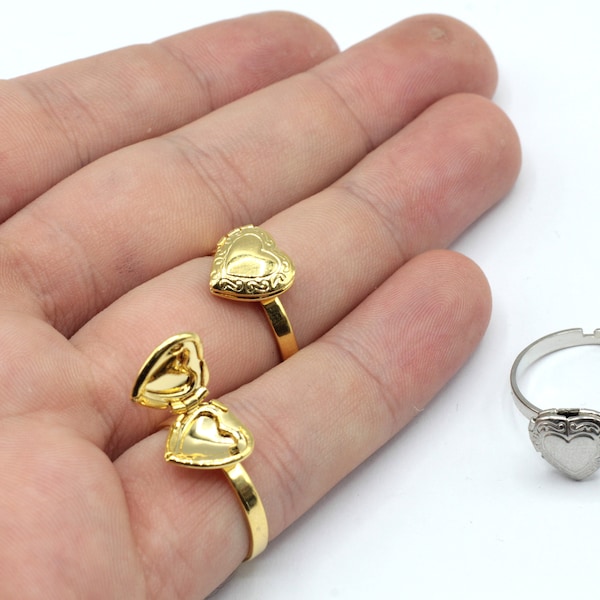 Adjustable 24k Shiny Gold Plated Tiny Heart Locket Rings, Heart Locket Ring, Locket Ring, Tiny Ring, Personalized Ring, Gold Plated Rings