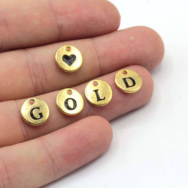 10mm 24k Shiny Gold Plated Black Enamel Letter Bracelet Charm, Round Letter Charm, Gold Letter Beads, Initial Charm, Gold Plated Findings