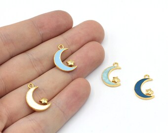 9 x 17 mm 24k glanzend verguld emaille maanbedel, maanarmbandbedel, hemelse bedels, maansikkelbedel, maan met ster bedel, gouden bedel