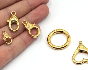 20mm 24k Shiny Gold Lobster Clasps, Claw Clasps, Heart Clasps, Circle Clasps, Chain Connector, Jewelry Clasp, Gold Plated Findings, GD1013