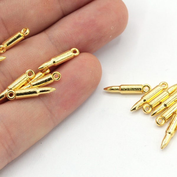 3x16mm 24k Shiny Gold Mini Bullet Charm, Tiny Bullet Charm, Gold Bullet Beads, Mini Gold Charm, Bullet Bracelet, Gold Plated Findings, GD119