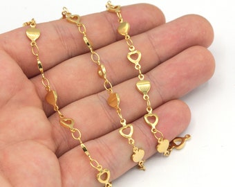 Catena a forma di cuore piccolo placcata in oro lucido 24k, catena a maglie a cuore, catena a barra a cuore, catena girocollo, catena sfusa, catena in oro, catena placcata in oro, TM027