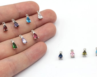 4x10mm rodio chapado CZ Micro Pave gota encanto de piedra de nacimiento, mini encanto de piedra de nacimiento, encanto de gota, cuentas de piedra de nacimiento, hallazgos chapados en rodio